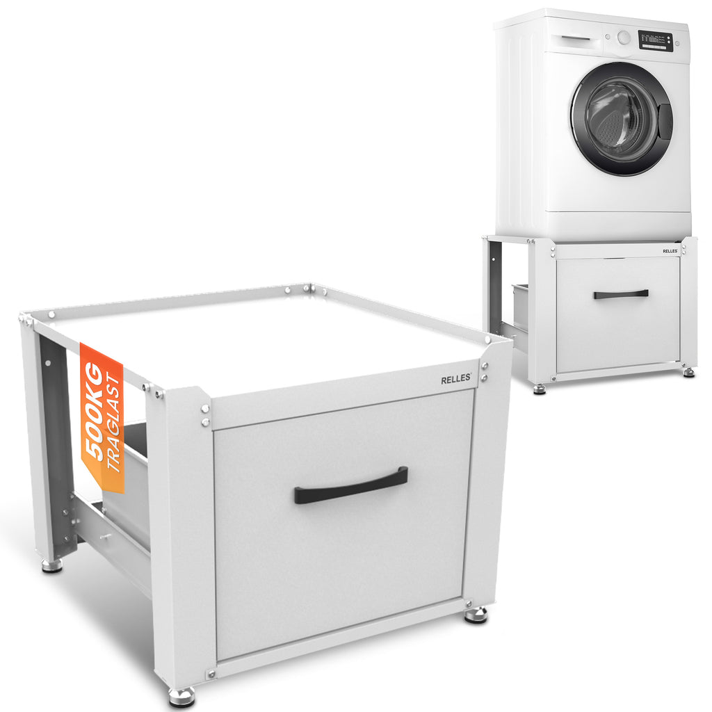 RELLES Waschmaschinen Untergestell mit Schublade, 500 kg Tragkraft, Unterbau aus Stahl, 62x62x50,5 cm (LxBxH), Podest für Waschmaschine und Trockner, Unter Schrank Erhöhung, Höhenverstellbare Füße
