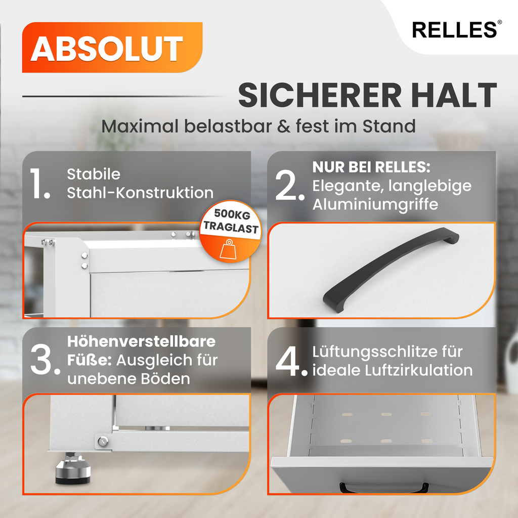 RELLES Waschmaschinen Untergestell mit Schublade, 500 kg Tragkraft, Unterbau aus Stahl, 62x62x50,5 cm (LxBxH), Podest für Waschmaschine und Trockner, Unter Schrank Erhöhung, Höhenverstellbare Füße