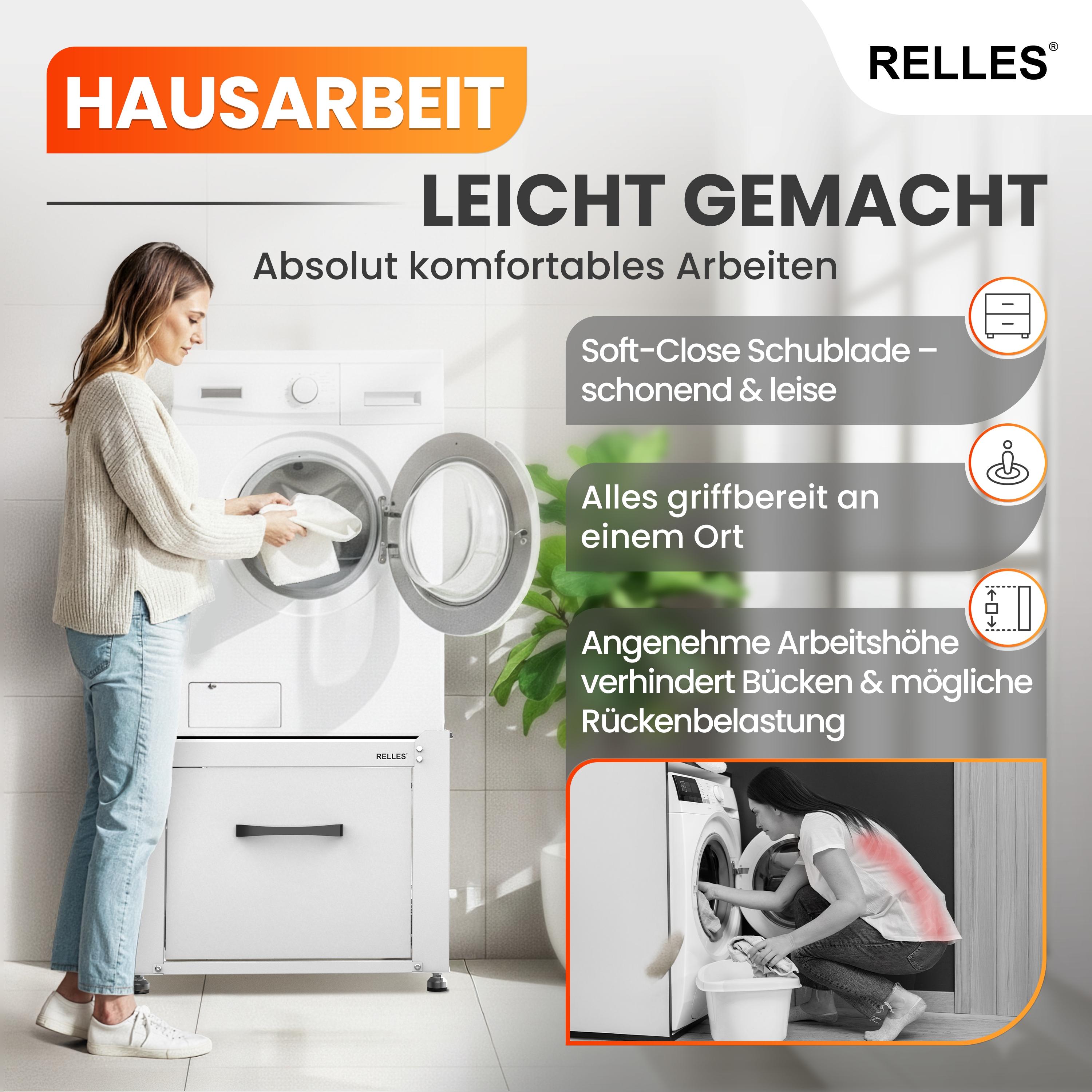 RELLES Waschmaschinen Untergestell mit Schublade, 500 kg Tragkraft, Unterbau aus Stahl, 62x62x50,5 cm (LxBxH), Podest für Waschmaschine und Trockner, Unter Schrank Erhöhung, Höhenverstellbare Füße