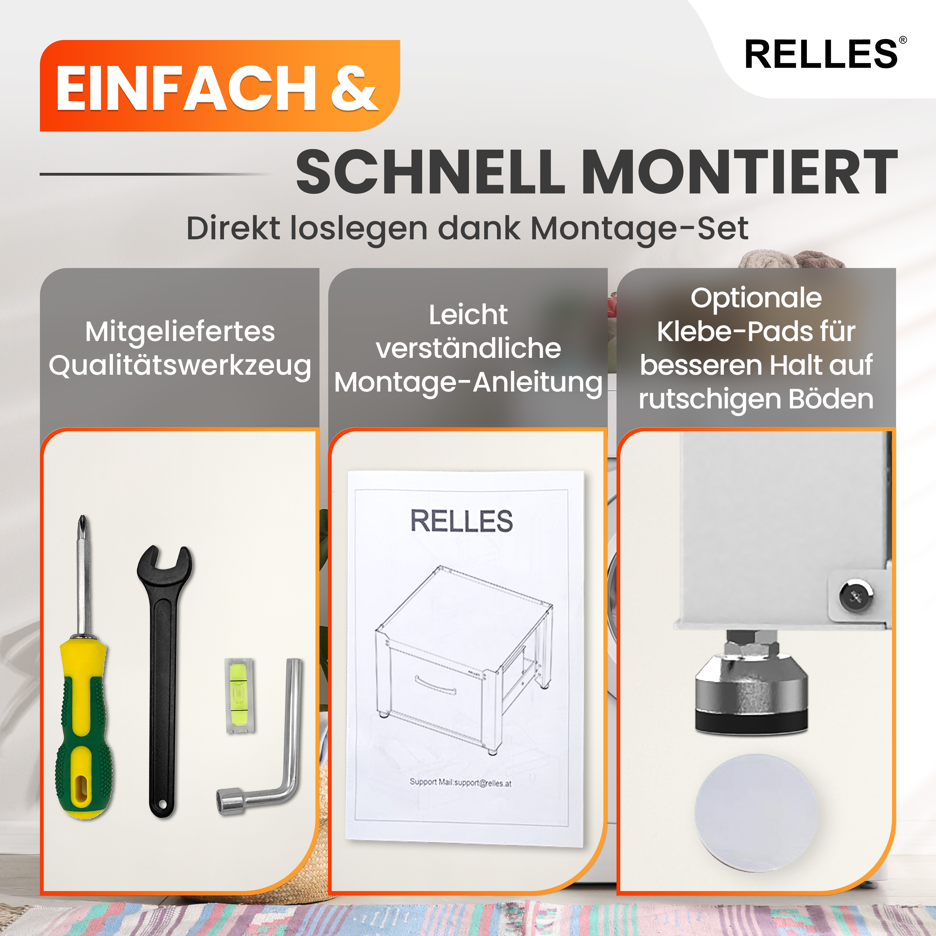RELLES Waschmaschinen Untergestell mit Schublade, 500 kg Tragkraft, Unterbau aus Stahl, 62x62x50,5 cm (LxBxH), Podest für Waschmaschine und Trockner, Unter Schrank Erhöhung, Höhenverstellbare Füße