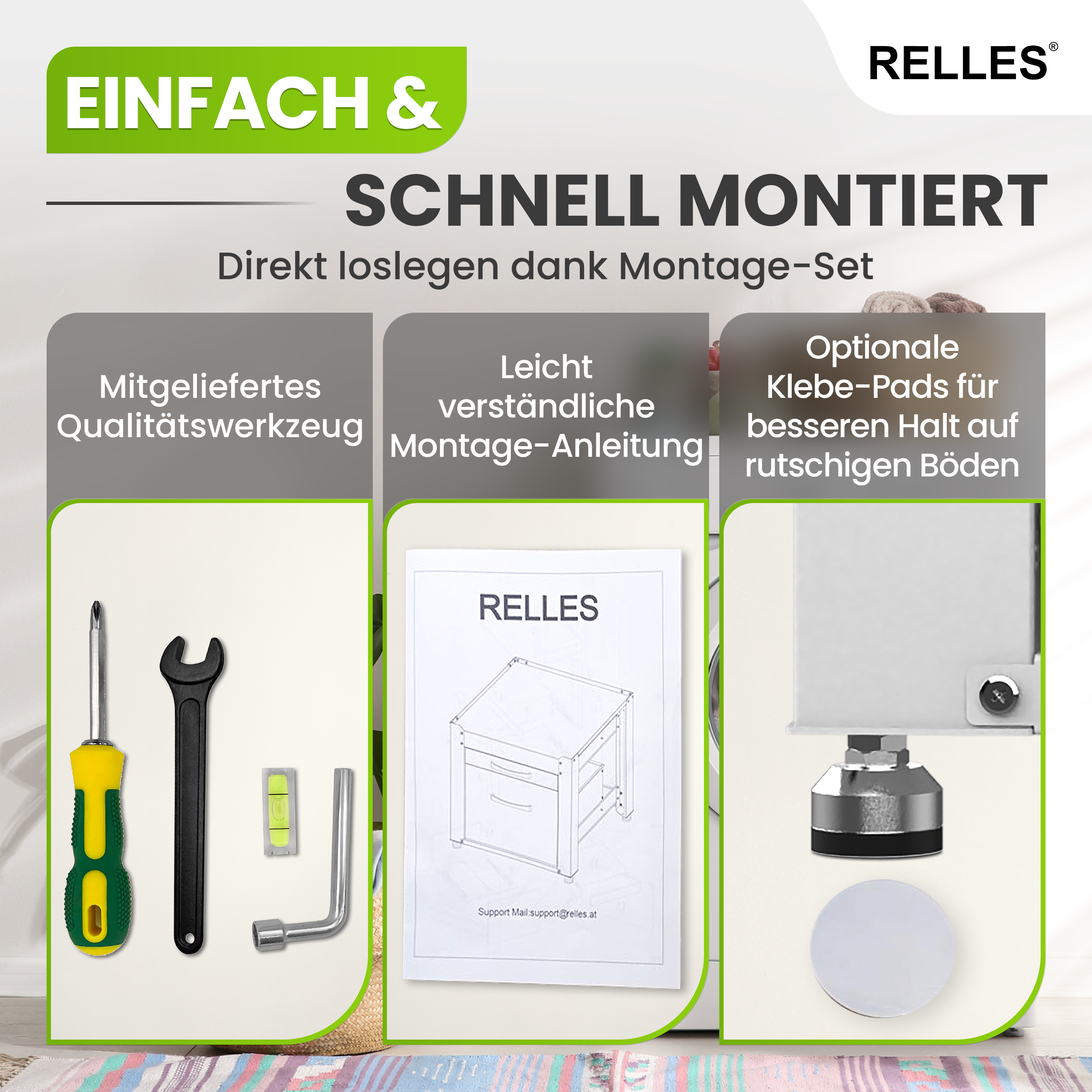 RELLES Untergestell mit Schublade und Ablage – Lieferumfang