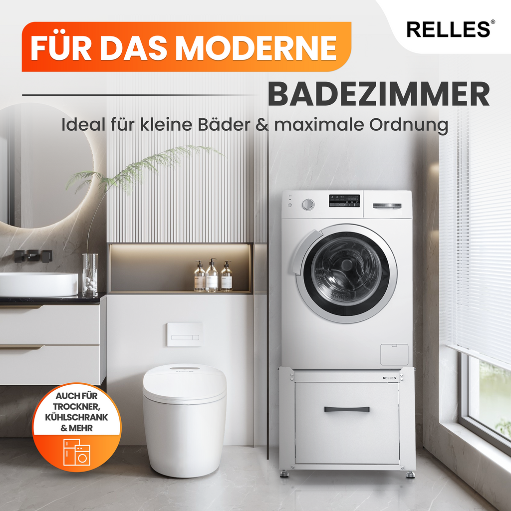 RELLES Waschmaschinen Untergestell mit Schublade, 500 kg Tragkraft, Unterbau aus Stahl, 62x62x50,5 cm (LxBxH), Podest für Waschmaschine und Trockner, Unter Schrank Erhöhung, Höhenverstellbare Füße