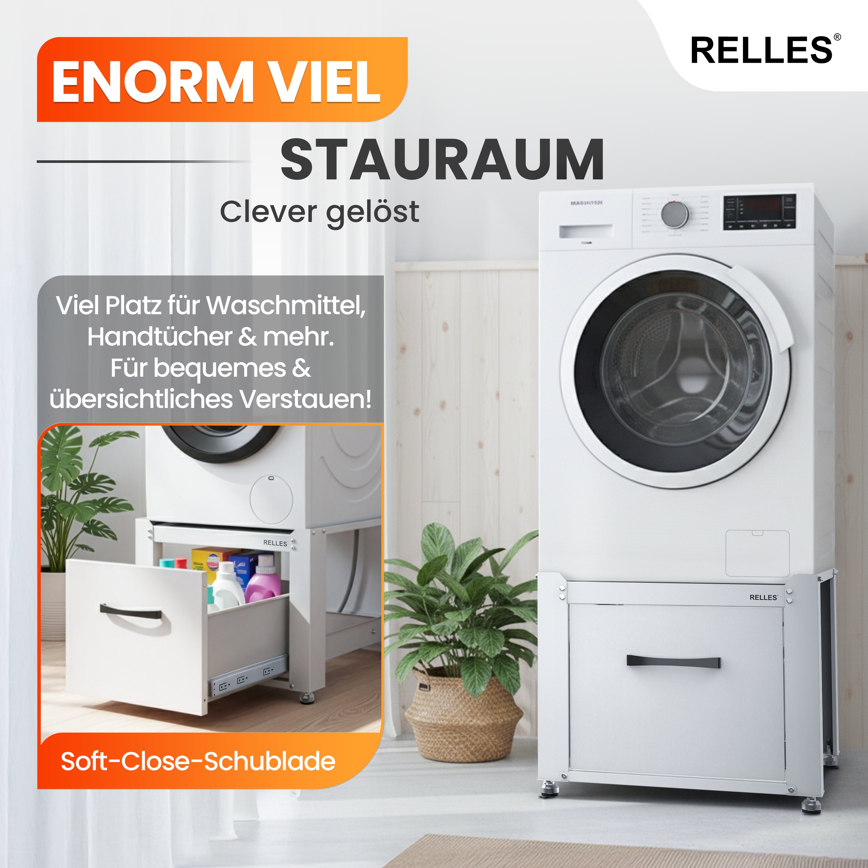 RELLES Waschmaschinen Untergestell mit Schublade, 500 kg Tragkraft, Unterbau aus Stahl, 62x62x50,5 cm (LxBxH), Podest für Waschmaschine und Trockner, Unter Schrank Erhöhung, Höhenverstellbare Füße
