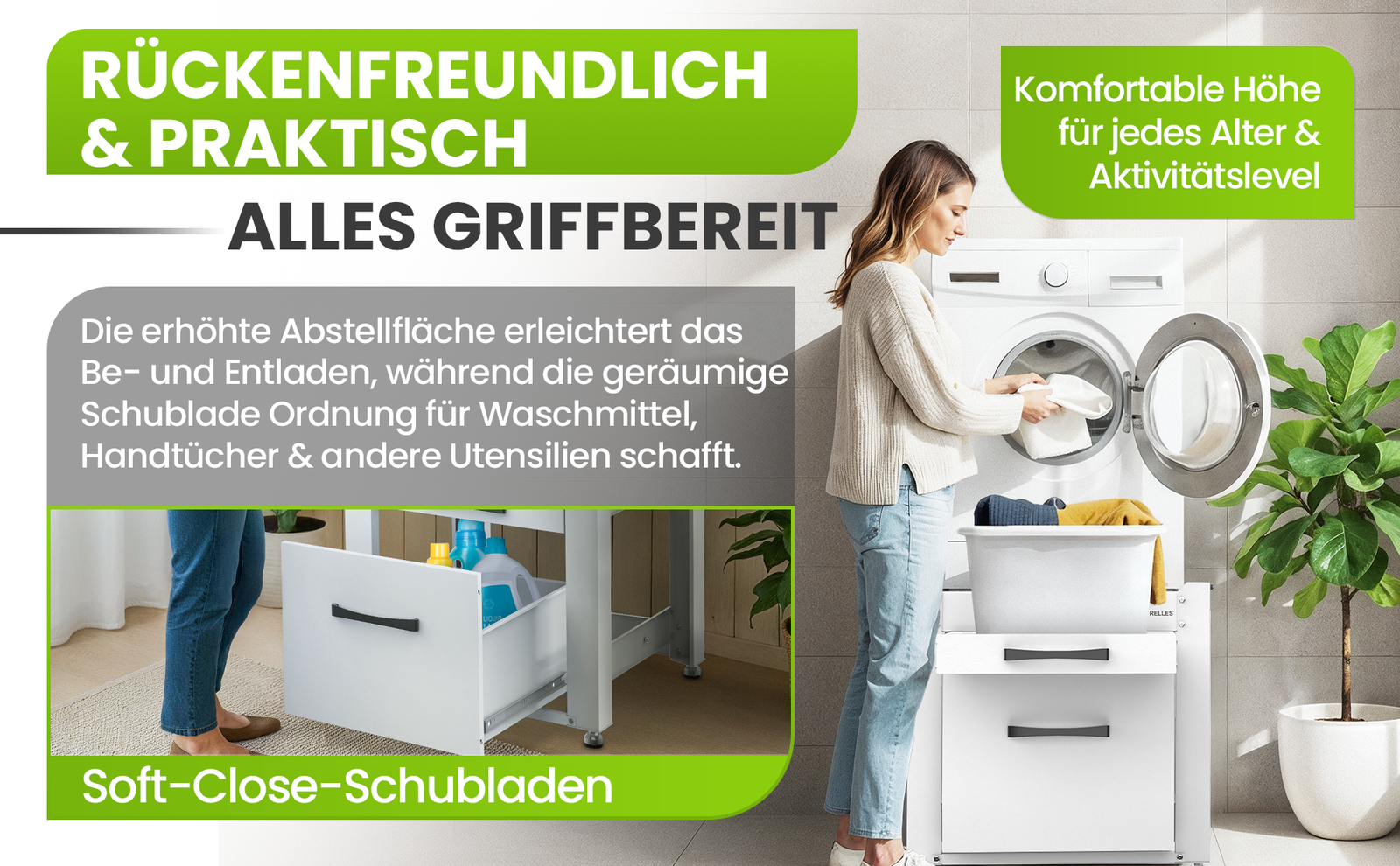 RELLES Waschmaschinen Untergestell mit Schublade und Ablage, 500 kg Tragkraft, Unterbau aus Stahl, 62x62x57,5 cm (LxBxH), Podest für Waschmaschine und Trockner, Unter Schrank Erhöhung, Höhenverstellbare Füße