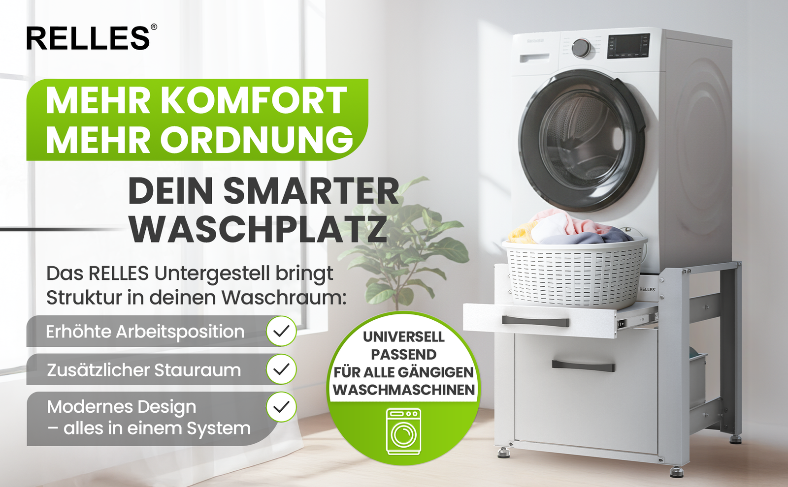RELLES Waschmaschinen Untergestell mit Schublade und Ablage, 500 kg Tragkraft, Unterbau aus Stahl, 62x62x57,5 cm (LxBxH), Podest für Waschmaschine und Trockner, Unter Schrank Erhöhung, Höhenverstellbare Füße