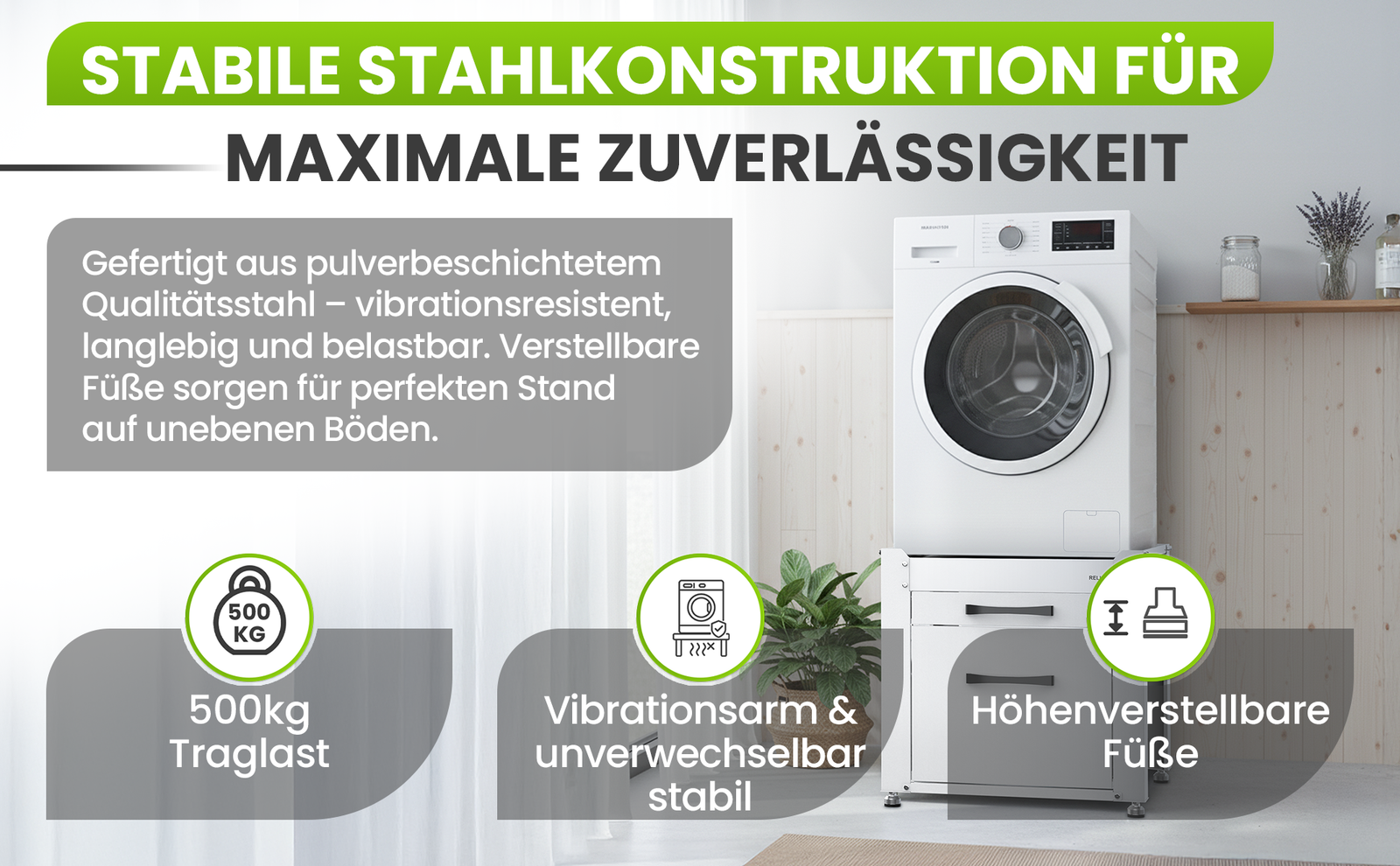 RELLES Waschmaschinen Untergestell mit Schublade und Ablage, 500 kg Tragkraft, Unterbau aus Stahl, 62x62x57,5 cm (LxBxH), Podest für Waschmaschine und Trockner, Unter Schrank Erhöhung, Höhenverstellbare Füße