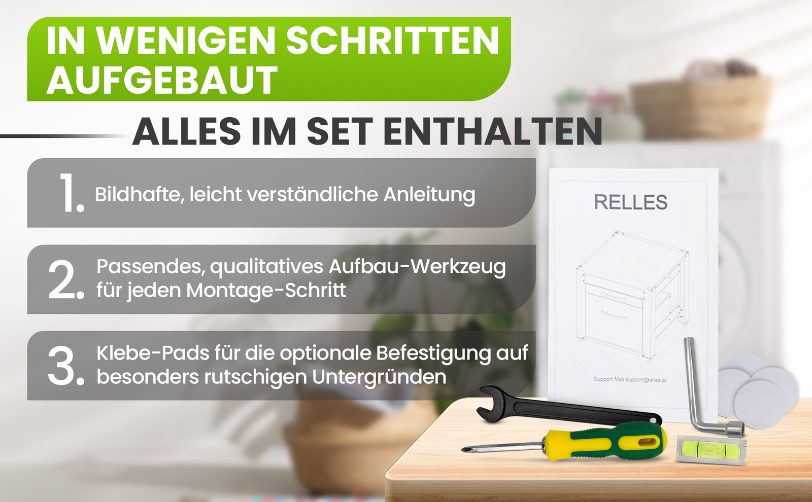 RELLES Waschmaschinen Untergestell mit Schublade und Ablage, 500 kg Tragkraft, Unterbau aus Stahl, 62x62x57,5 cm (LxBxH), Podest für Waschmaschine und Trockner, Unter Schrank Erhöhung, Höhenverstellbare Füße