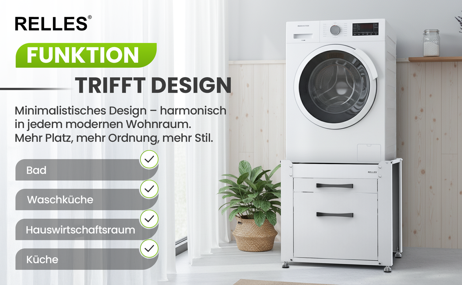 RELLES Waschmaschinen Untergestell mit Schublade und Ablage, 500 kg Tragkraft, Unterbau aus Stahl, 62x62x57,5 cm (LxBxH), Podest für Waschmaschine und Trockner, Unter Schrank Erhöhung, Höhenverstellbare Füße