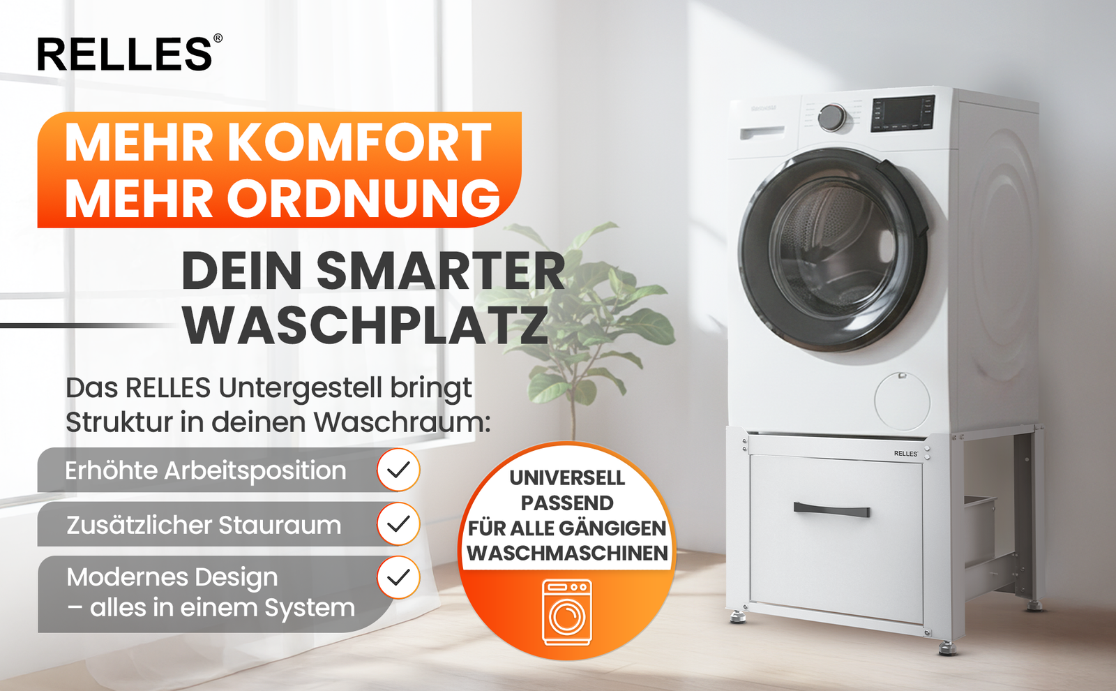 RELLES Waschmaschinen Untergestell mit Schublade, 500 kg Tragkraft, Unterbau aus Stahl, 62x62x50,5 cm (LxBxH), Podest für Waschmaschine und Trockner, Unter Schrank Erhöhung, Höhenverstellbare Füße