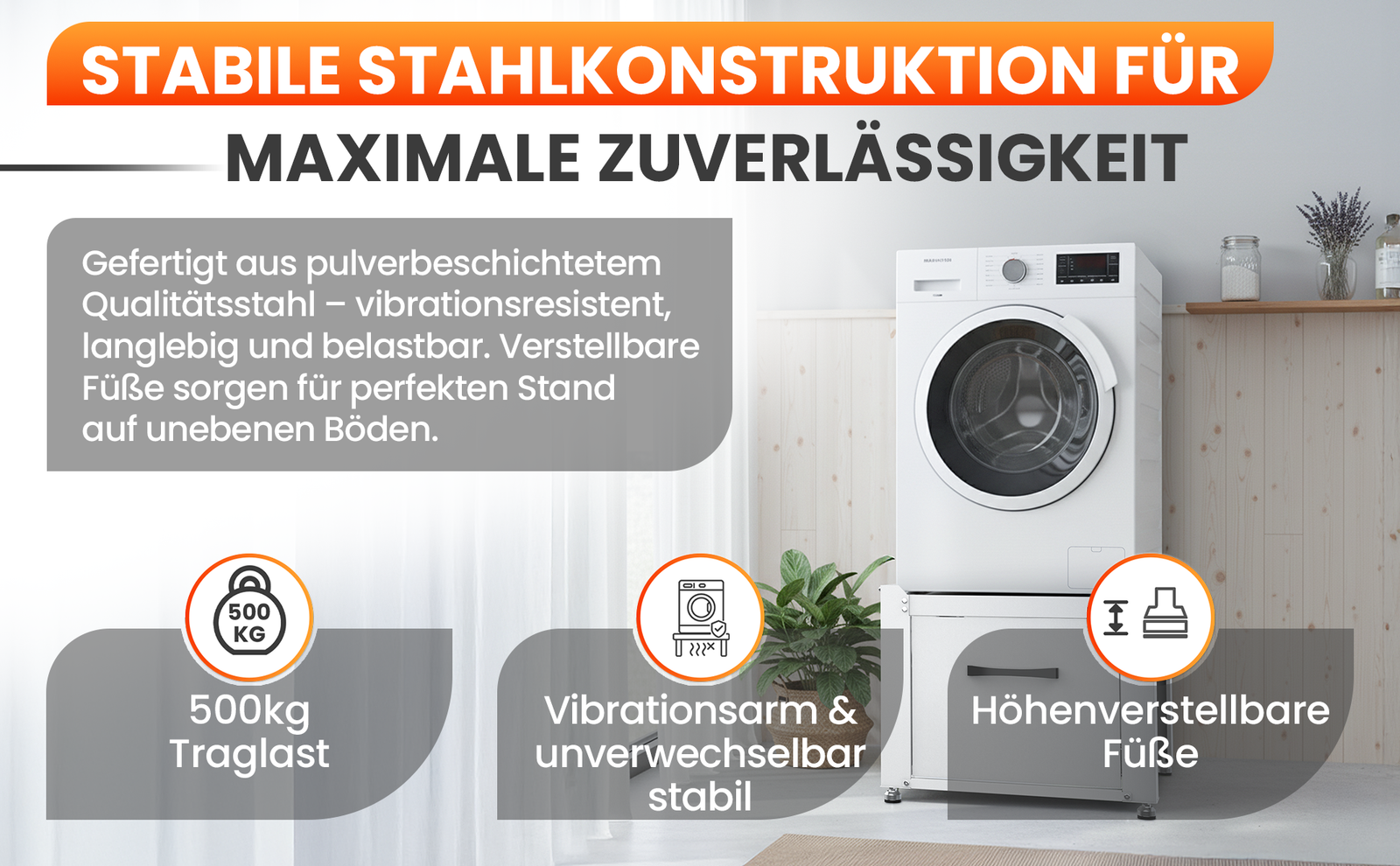 RELLES Waschmaschinen Untergestell mit Schublade, 500 kg Tragkraft, Unterbau aus Stahl, 62x62x50,5 cm (LxBxH), Podest für Waschmaschine und Trockner, Unter Schrank Erhöhung, Höhenverstellbare Füße