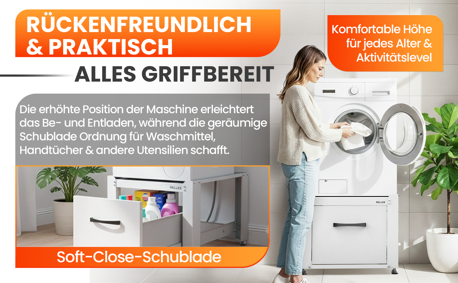 RELLES Waschmaschinen Untergestell mit Schublade, 500 kg Tragkraft, Unterbau aus Stahl, 62x62x50,5 cm (LxBxH), Podest für Waschmaschine und Trockner, Unter Schrank Erhöhung, Höhenverstellbare Füße