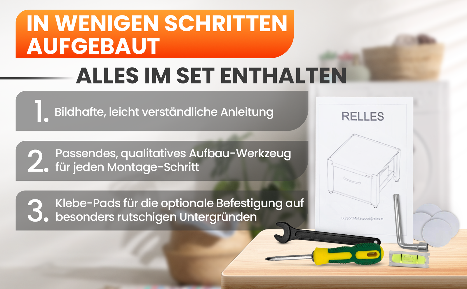 RELLES Waschmaschinen Untergestell mit Schublade, 500 kg Tragkraft, Unterbau aus Stahl, 62x62x50,5 cm (LxBxH), Podest für Waschmaschine und Trockner, Unter Schrank Erhöhung, Höhenverstellbare Füße