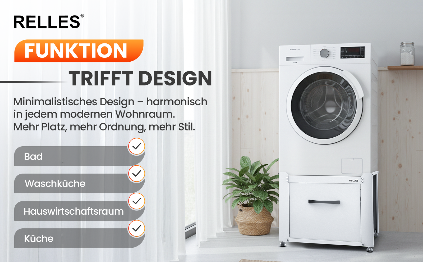 RELLES Waschmaschinen Untergestell mit Schublade, 500 kg Tragkraft, Unterbau aus Stahl, 62x62x50,5 cm (LxBxH), Podest für Waschmaschine und Trockner, Unter Schrank Erhöhung, Höhenverstellbare Füße