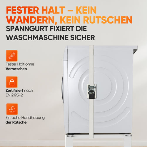 Waschmaschinenspanngurt und Abstandhalter, 4m zum Sichern von Waschmaschine oder Trockner, Spanngurt mit Ratsche Zurrgurt, weiß (4m)