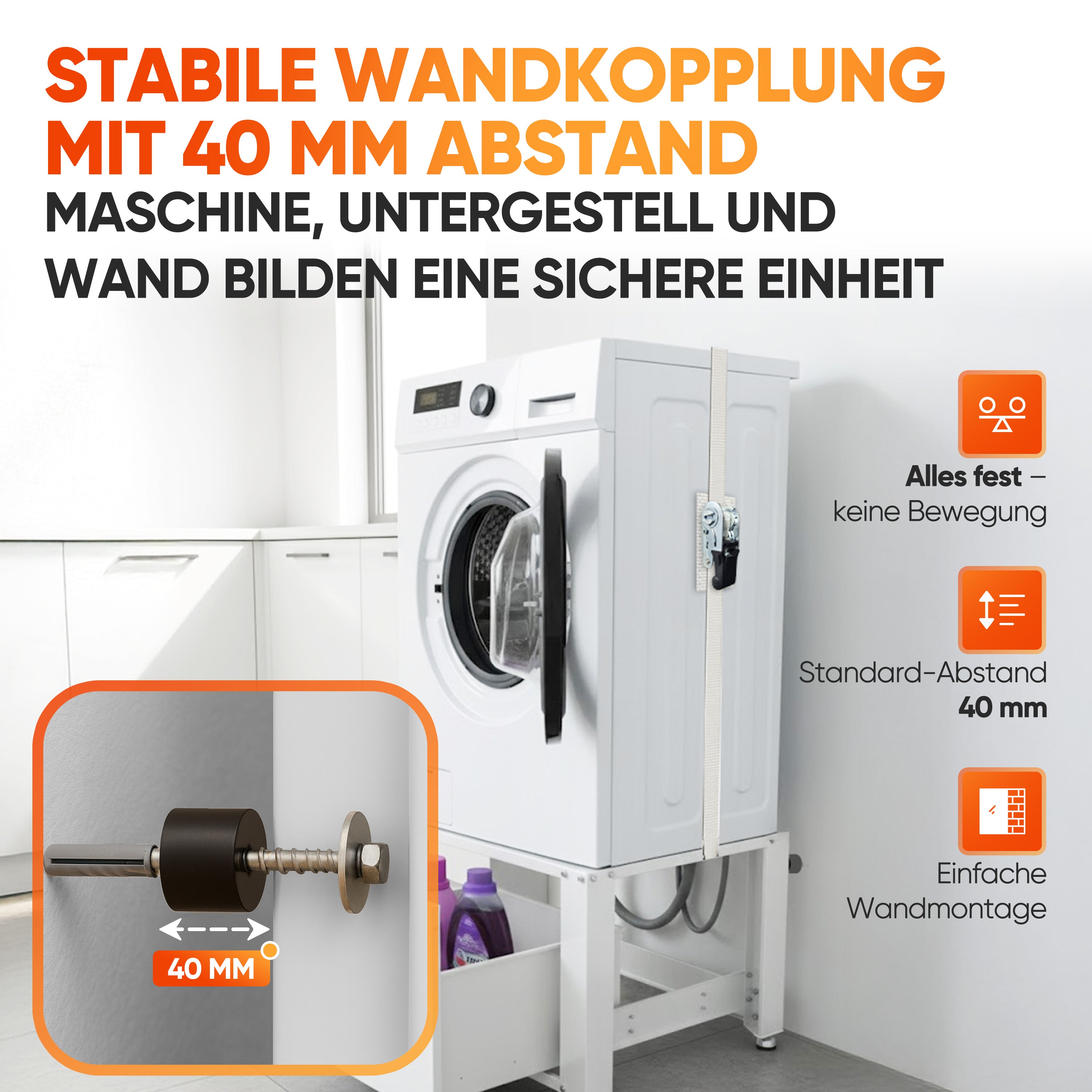 Waschmaschinenspanngurt und Abstandhalter, 4m zum Sichern von Waschmaschine oder Trockner, Spanngurt mit Ratsche Zurrgurt, weiß (4m)