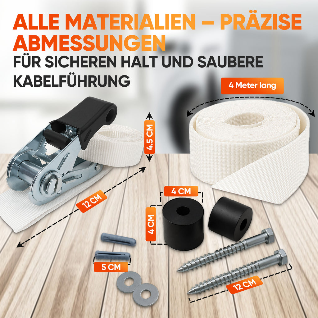 Waschmaschinenspanngurt und Abstandhalter, 4m zum Sichern von Waschmaschine oder Trockner, Spanngurt mit Ratsche Zurrgurt, weiß (4m)