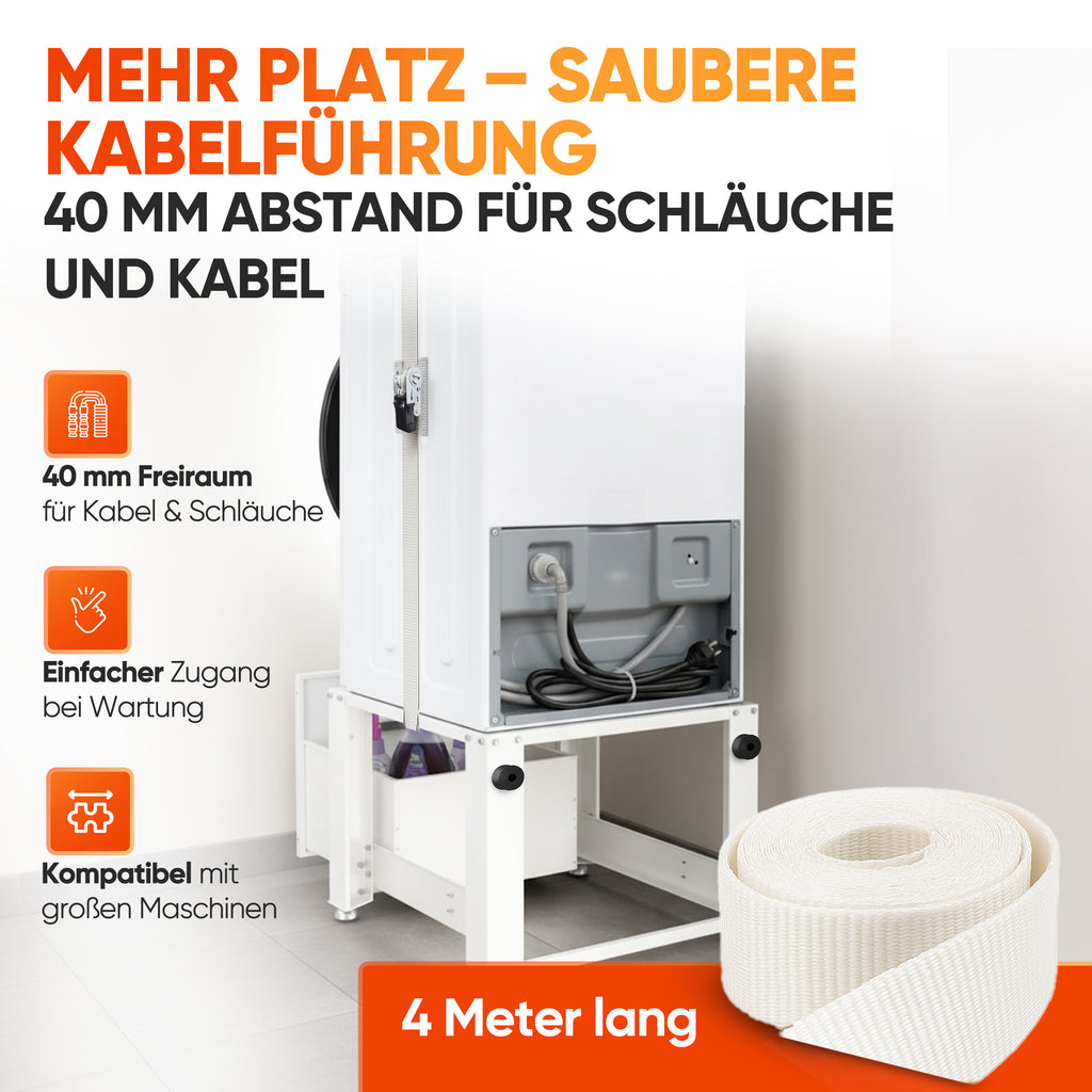 Waschmaschinenspanngurt und Abstandhalter, 4m zum Sichern von Waschmaschine oder Trockner, Spanngurt mit Ratsche Zurrgurt, weiß (4m)