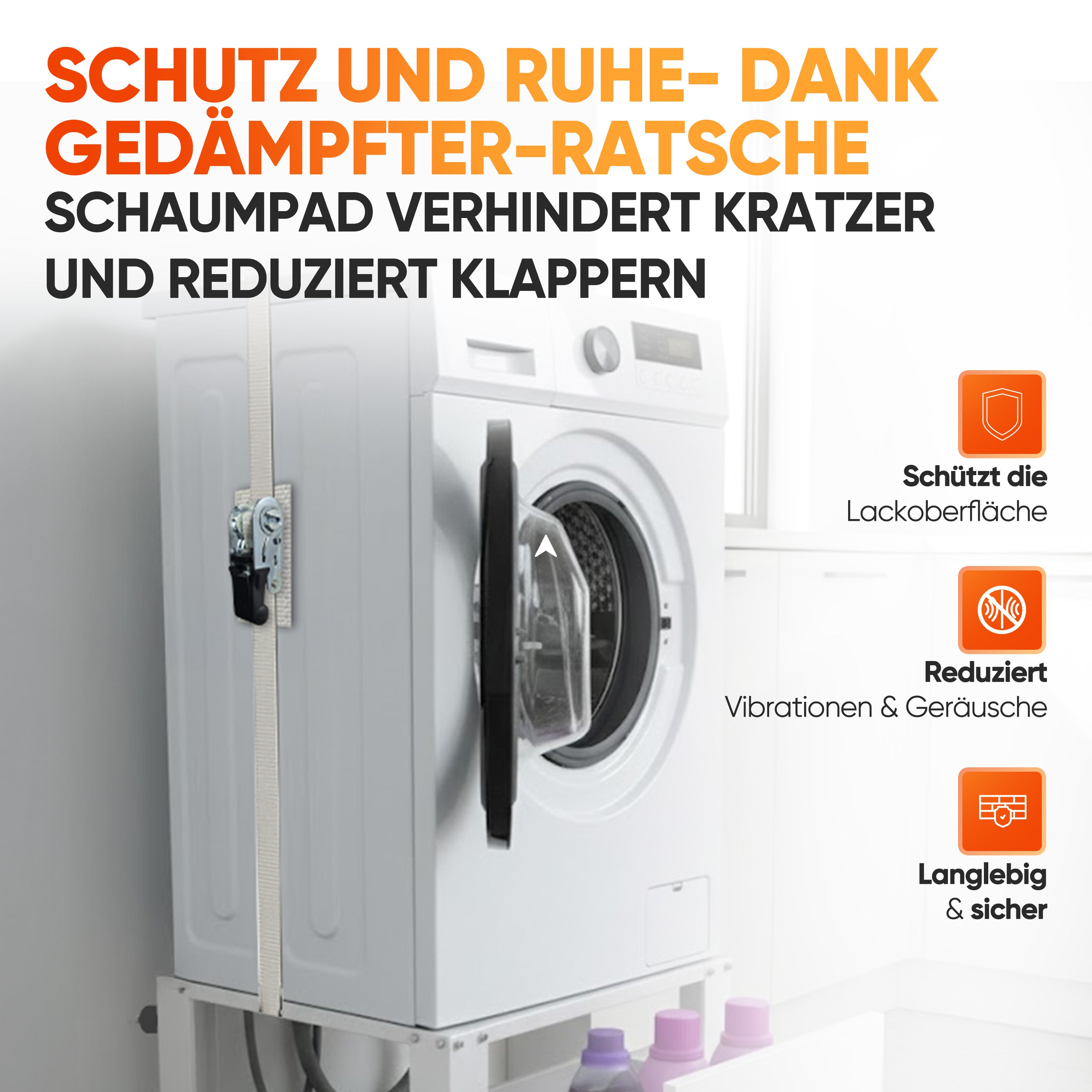 Waschmaschinenspanngurt und Abstandhalter, 4m zum Sichern von Waschmaschine oder Trockner, Spanngurt mit Ratsche Zurrgurt, weiß (4m)