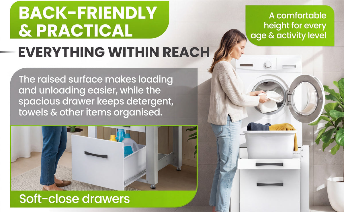 Raised surface and spacious soft-close drawer of the RELLES base frame A004, woman loading laundry