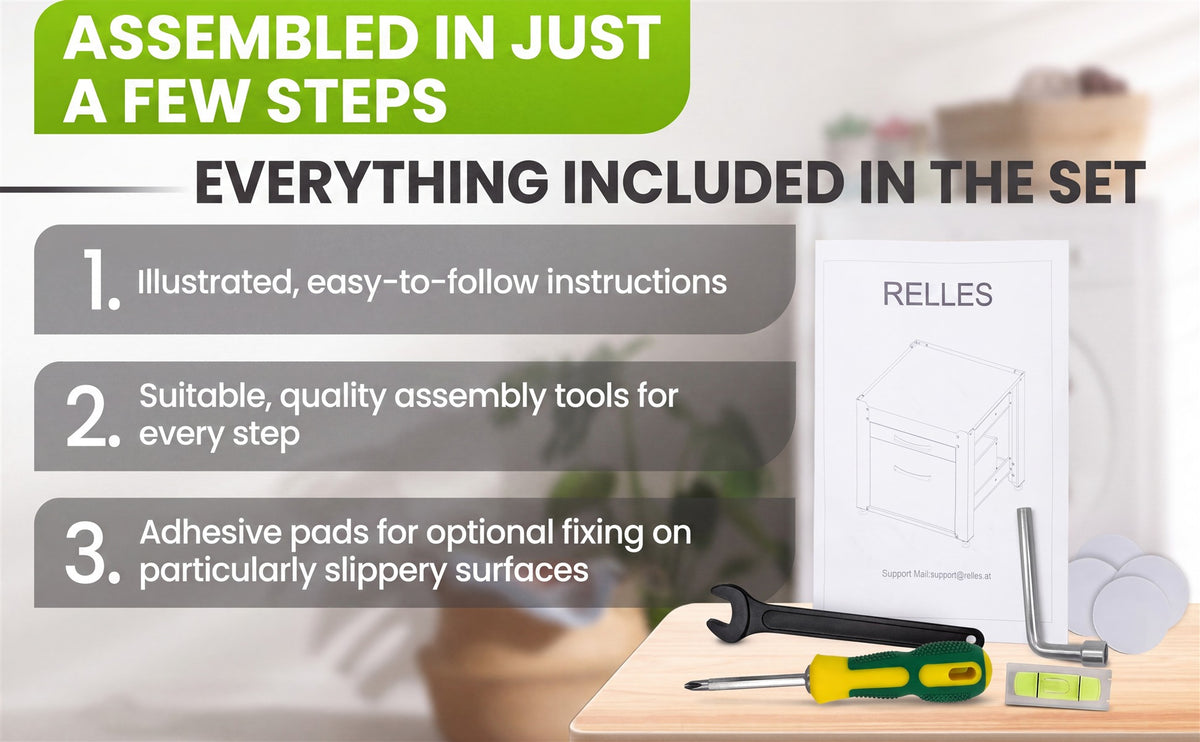 Scope of delivery of the RELLES base frame A004: assembly instructions, tools and adhesive pads