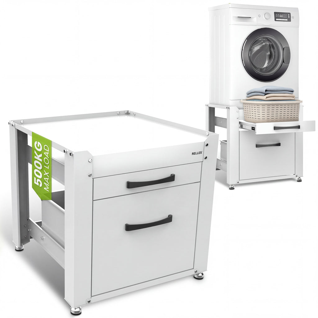 RELLES washing machine base frame A004 with drawer and shelf, shown on its own and with a washing machine