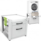RELLES washing machine base frame A004 with drawer and shelf, shown on its own and with a washing machine
