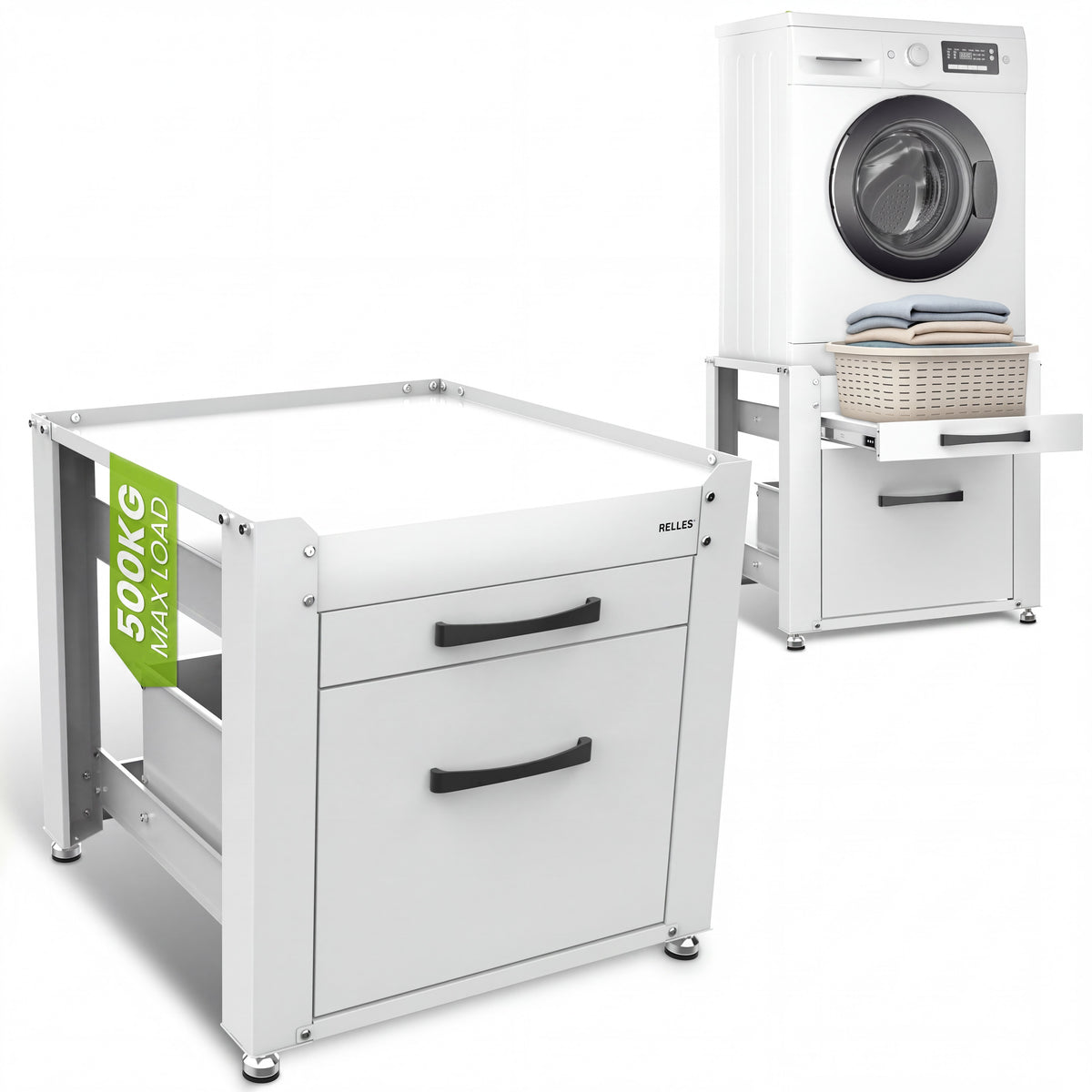 RELLES washing machine base frame A004 with drawer and shelf, shown on its own and with a washing machine