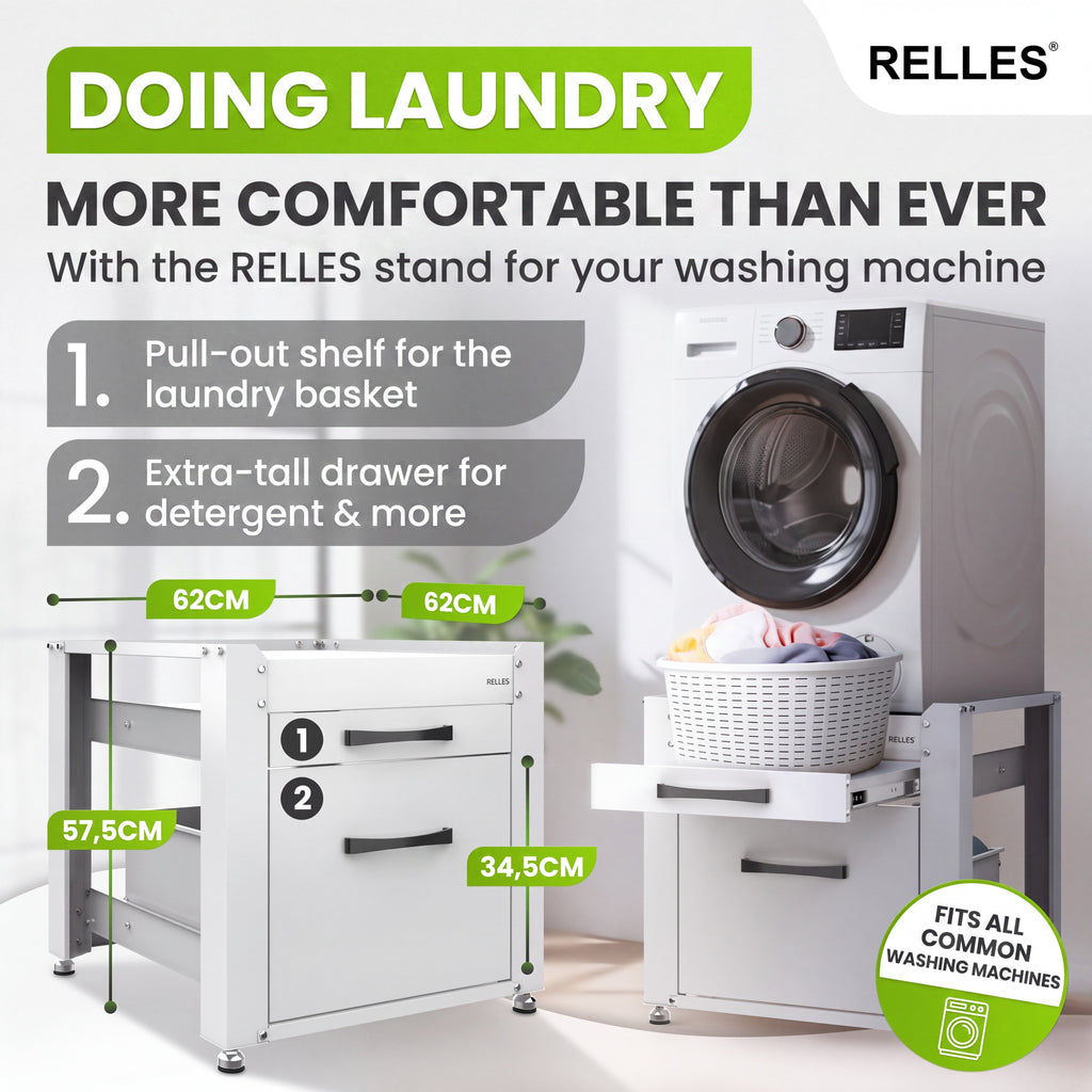 RELLES washing machine base frame A004 with pull-out shelf, extra-tall drawer and dimensions