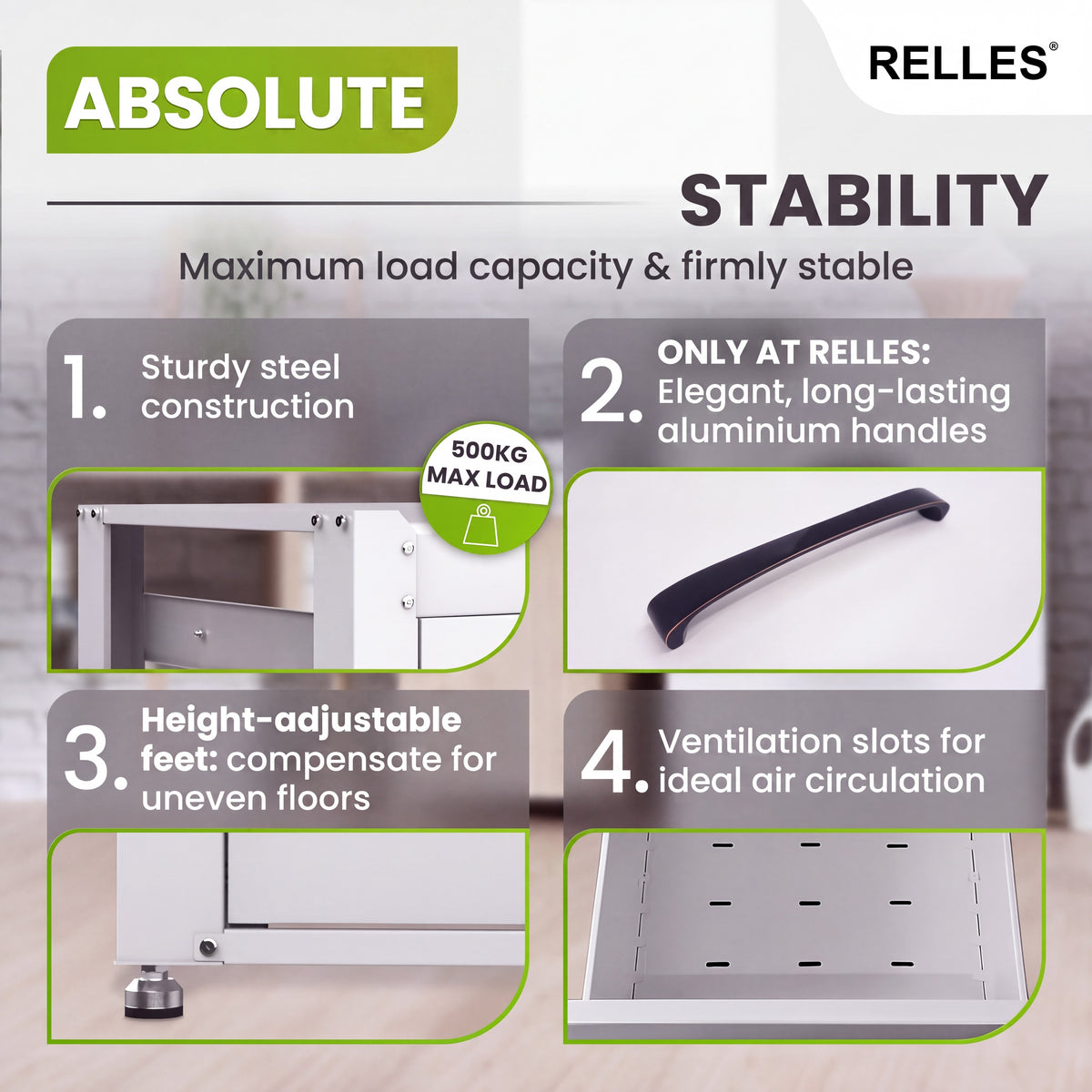 Steel construction, handle, height-adjustable feet and ventilation slots of the RELLES base frame A004