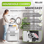 Woman loading laundry into the raised washing machine on the RELLES base frame A004