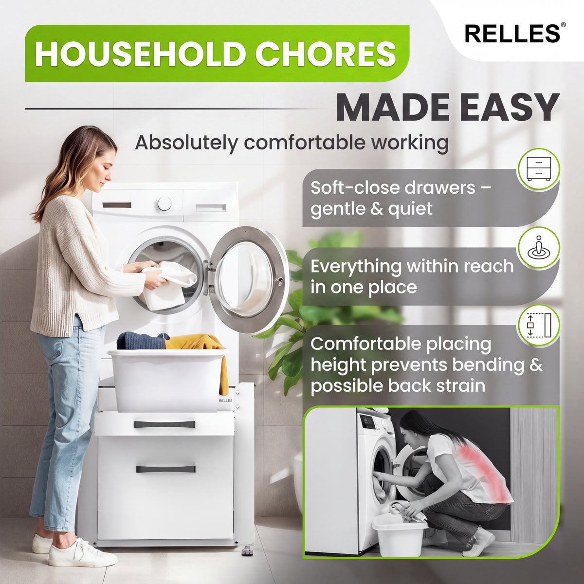 Woman loading laundry into the raised washing machine on the RELLES base frame A004