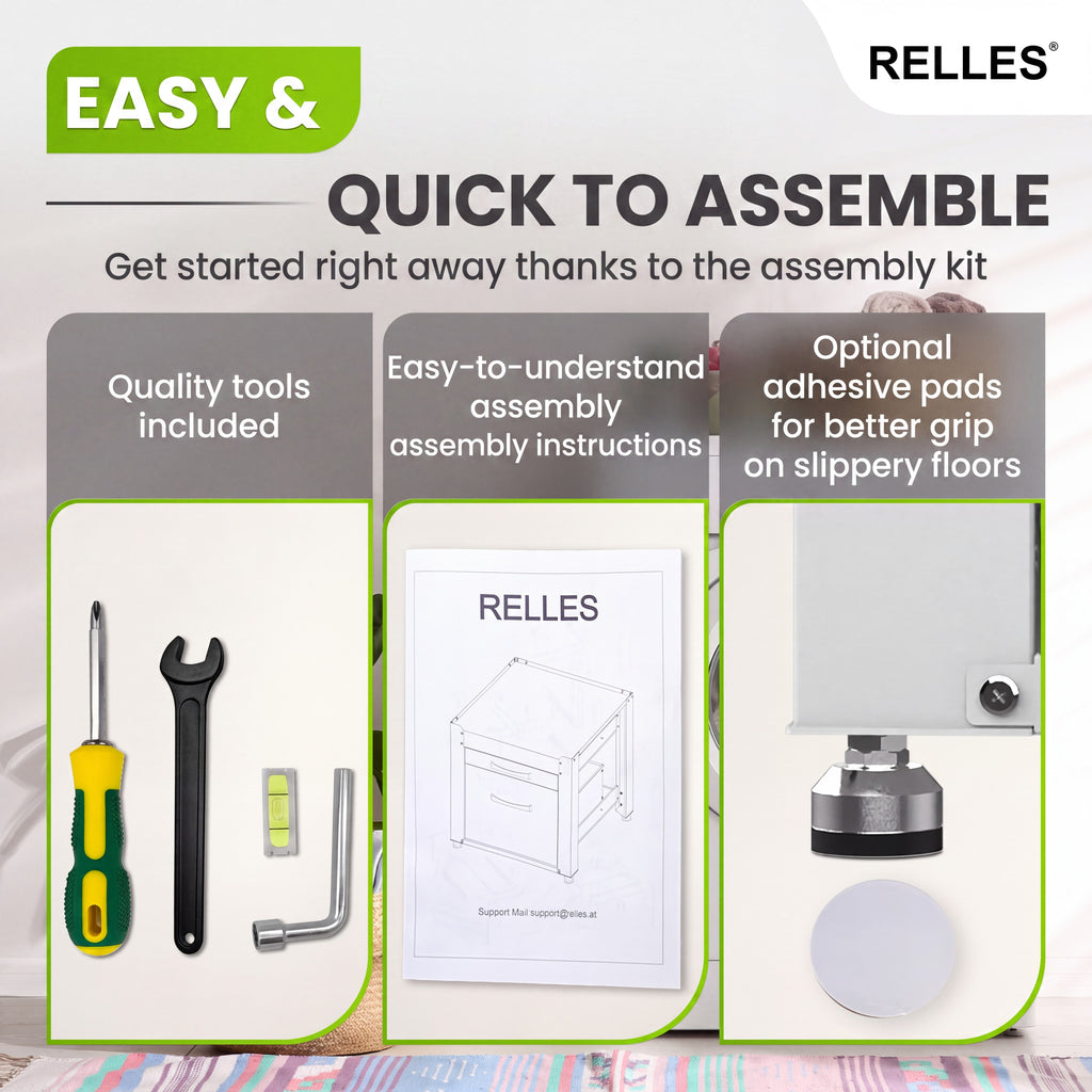 Tools, assembly instructions and adhesive pads for the RELLES base frame A004