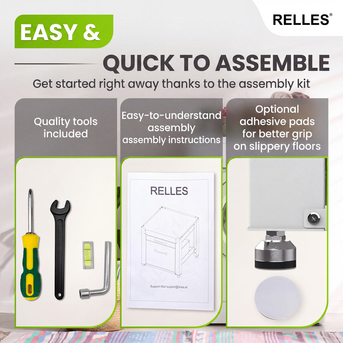 Tools, assembly instructions and adhesive pads for the RELLES base frame A004