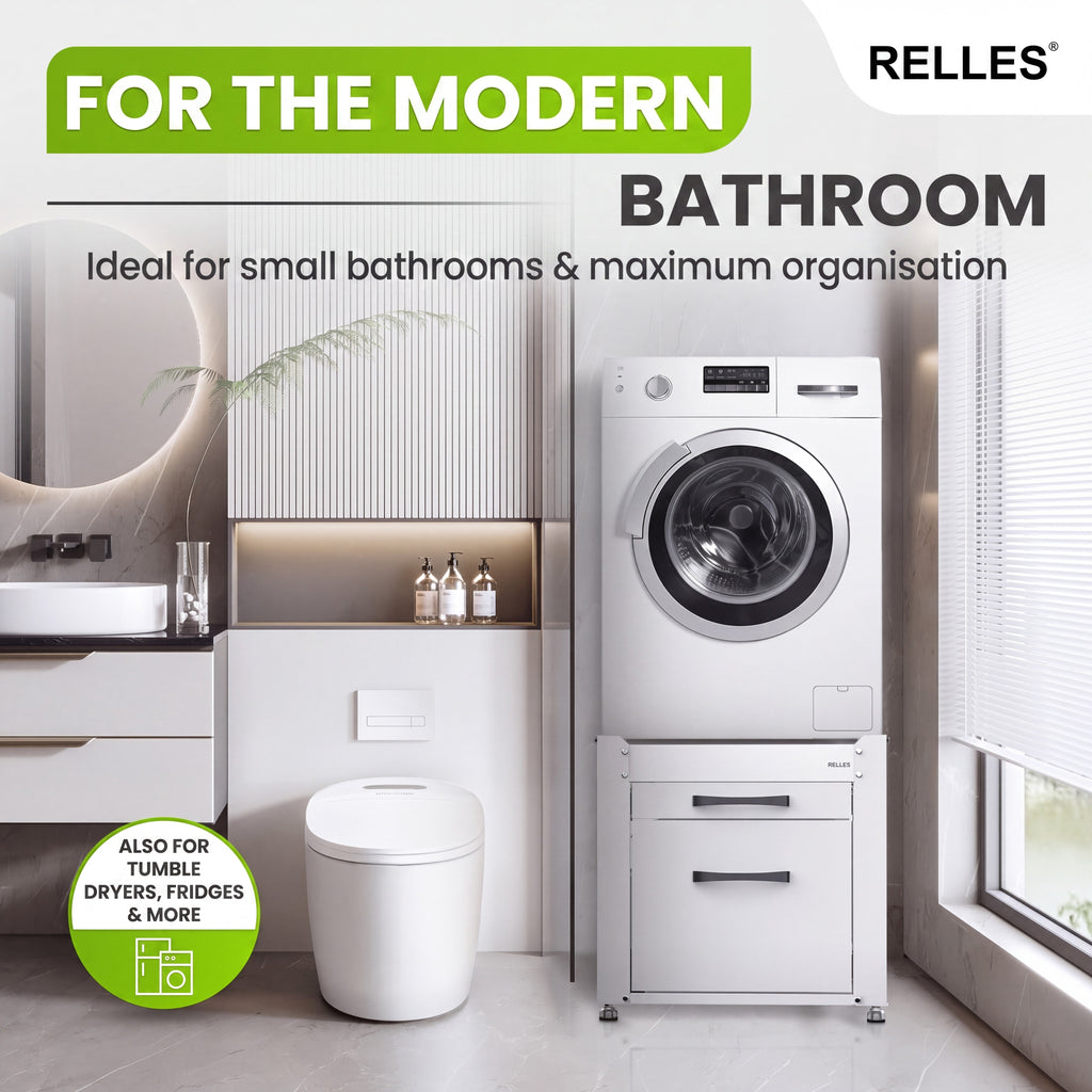 Washing machine and dryer on the RELLES base frame A004 in a bathroom