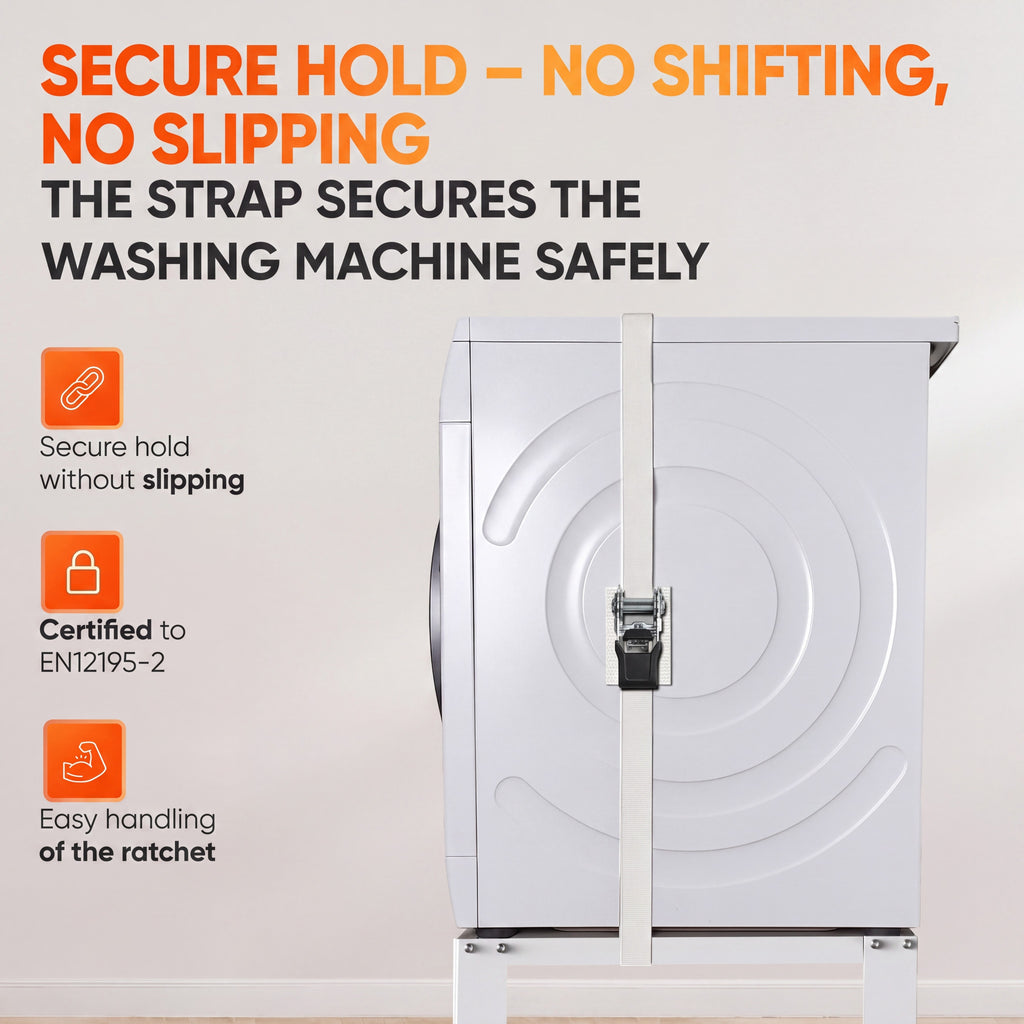 Washing machine strap with ratchet securing a washing machine