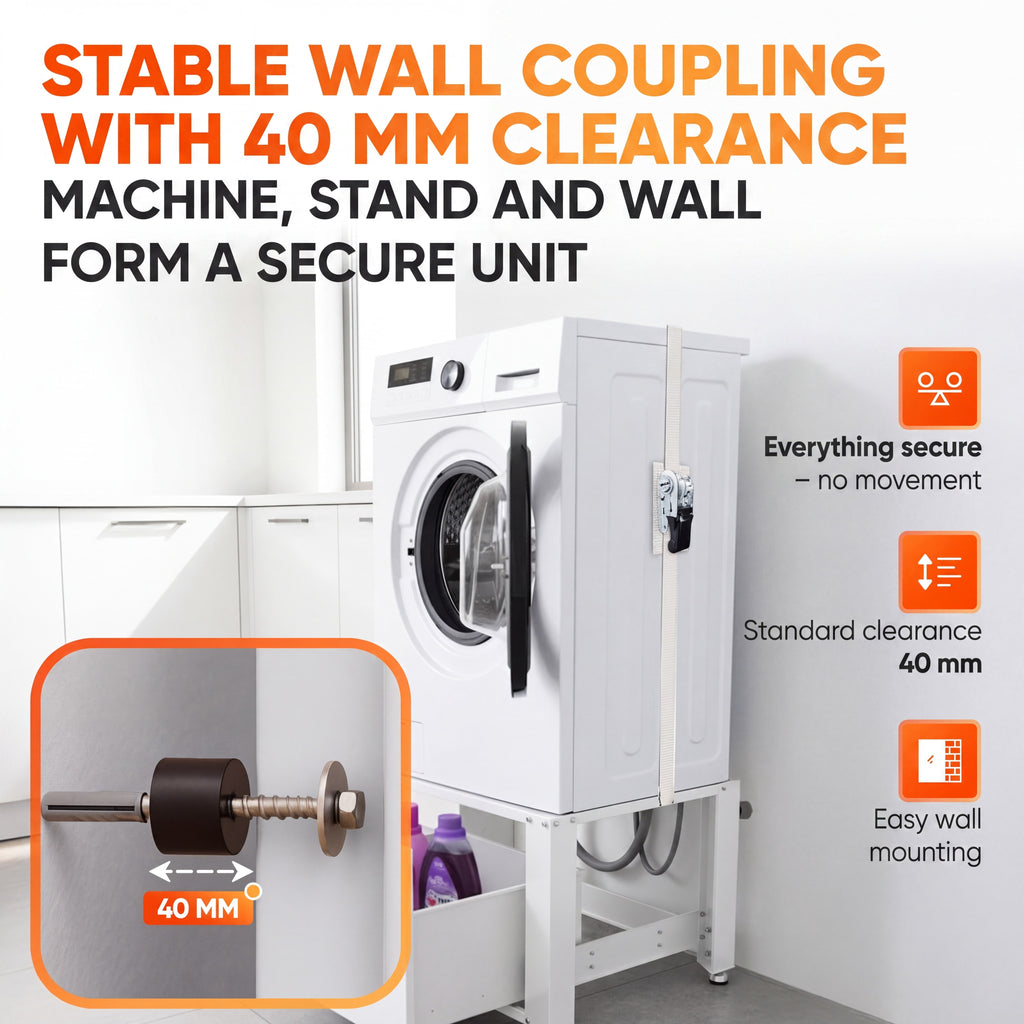 Spacer with 40 mm clearance between the washing machine base frame and the wall