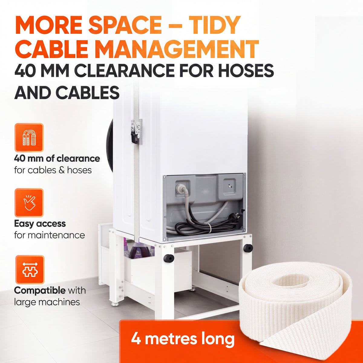 40 mm clearance for hoses and cables behind the washing machine