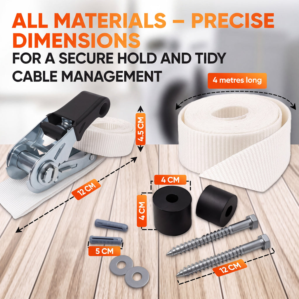 Strap with ratchet, spacers, screws, dowels and washers with dimensions