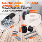 Strap with ratchet, spacers, screws, dowels and washers with dimensions