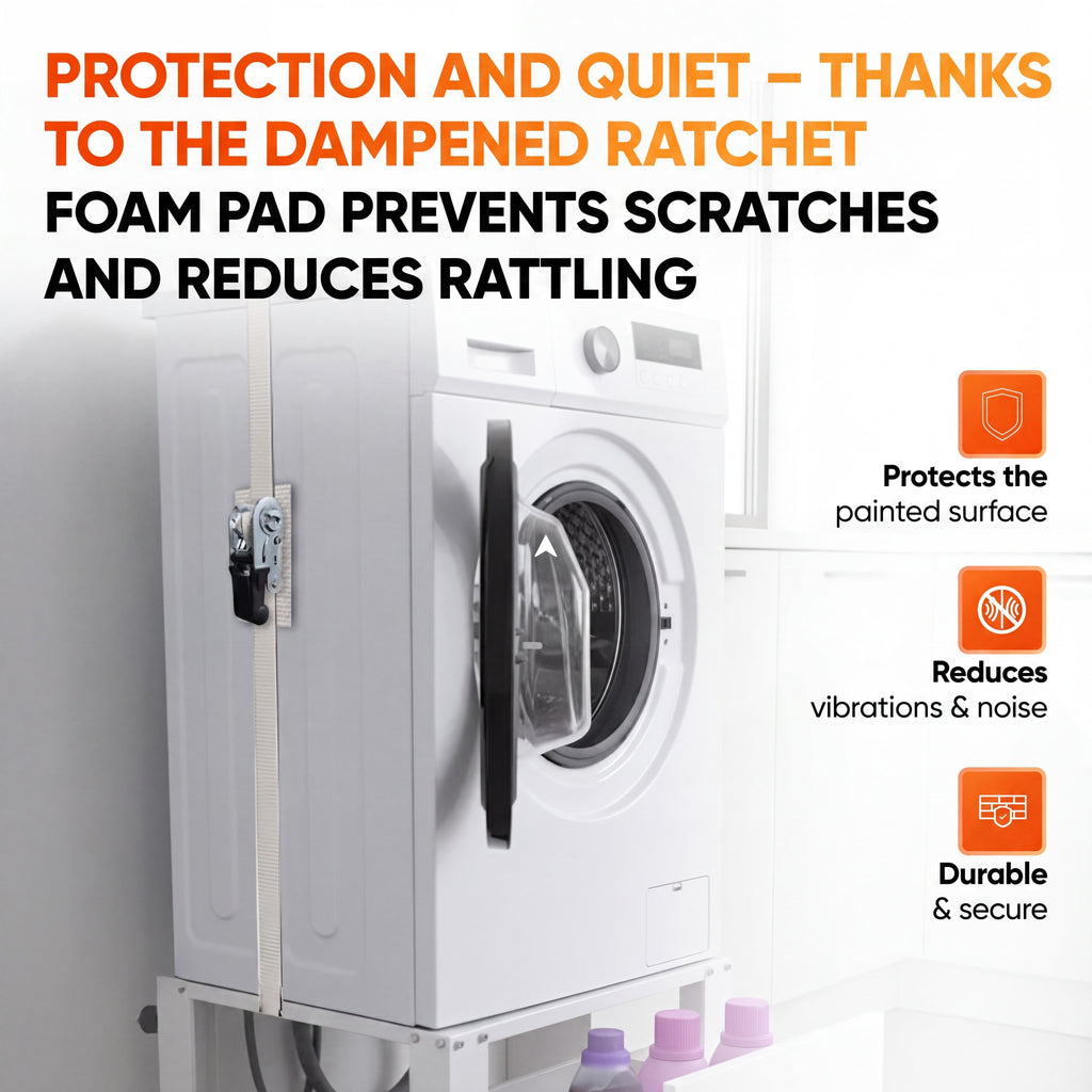 Foam pad on the strap protects the surface of the washing machine and reduces rattling