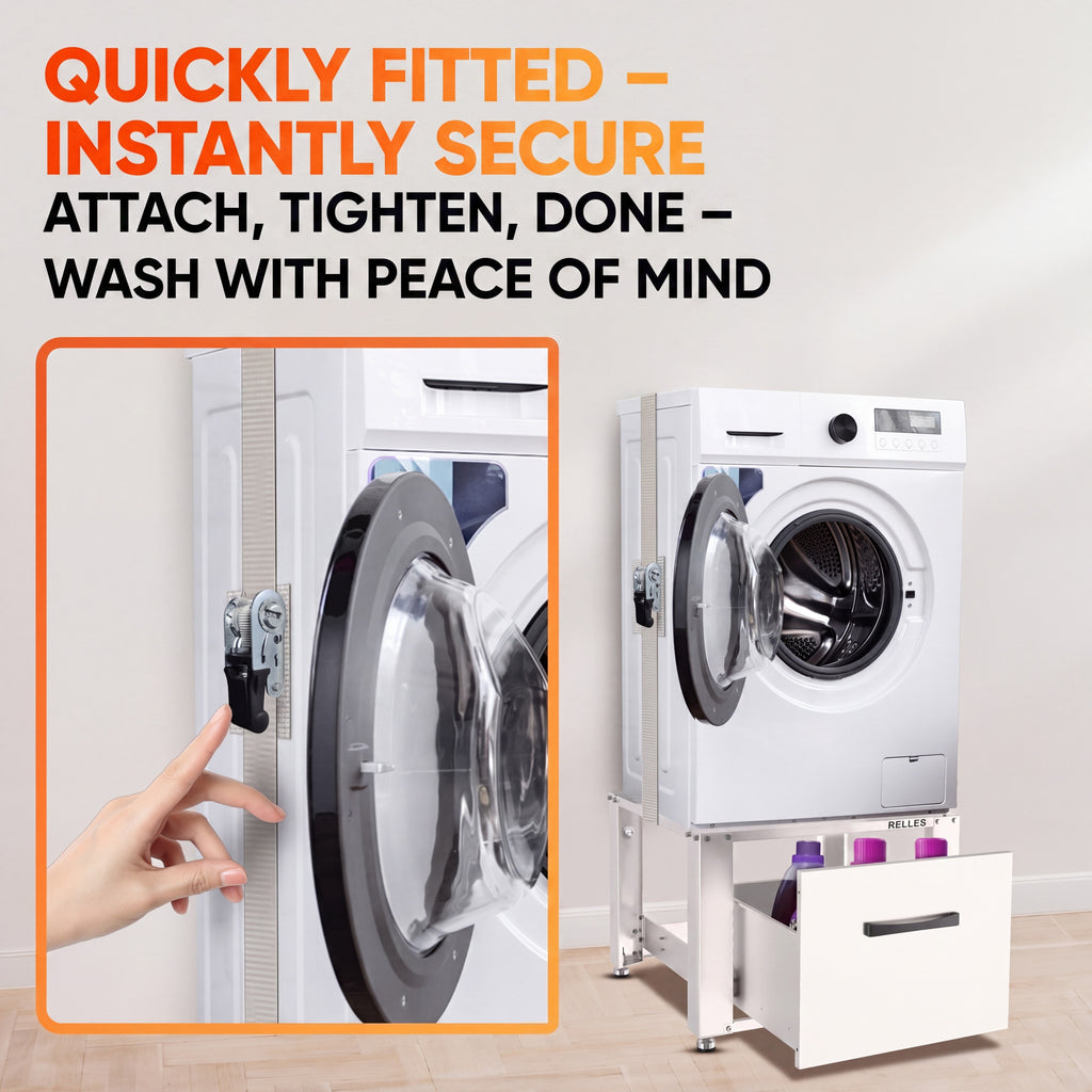 Strap being attached and tightened on a washing machine on a base frame