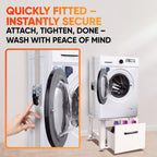 Strap being attached and tightened on a washing machine on a base frame