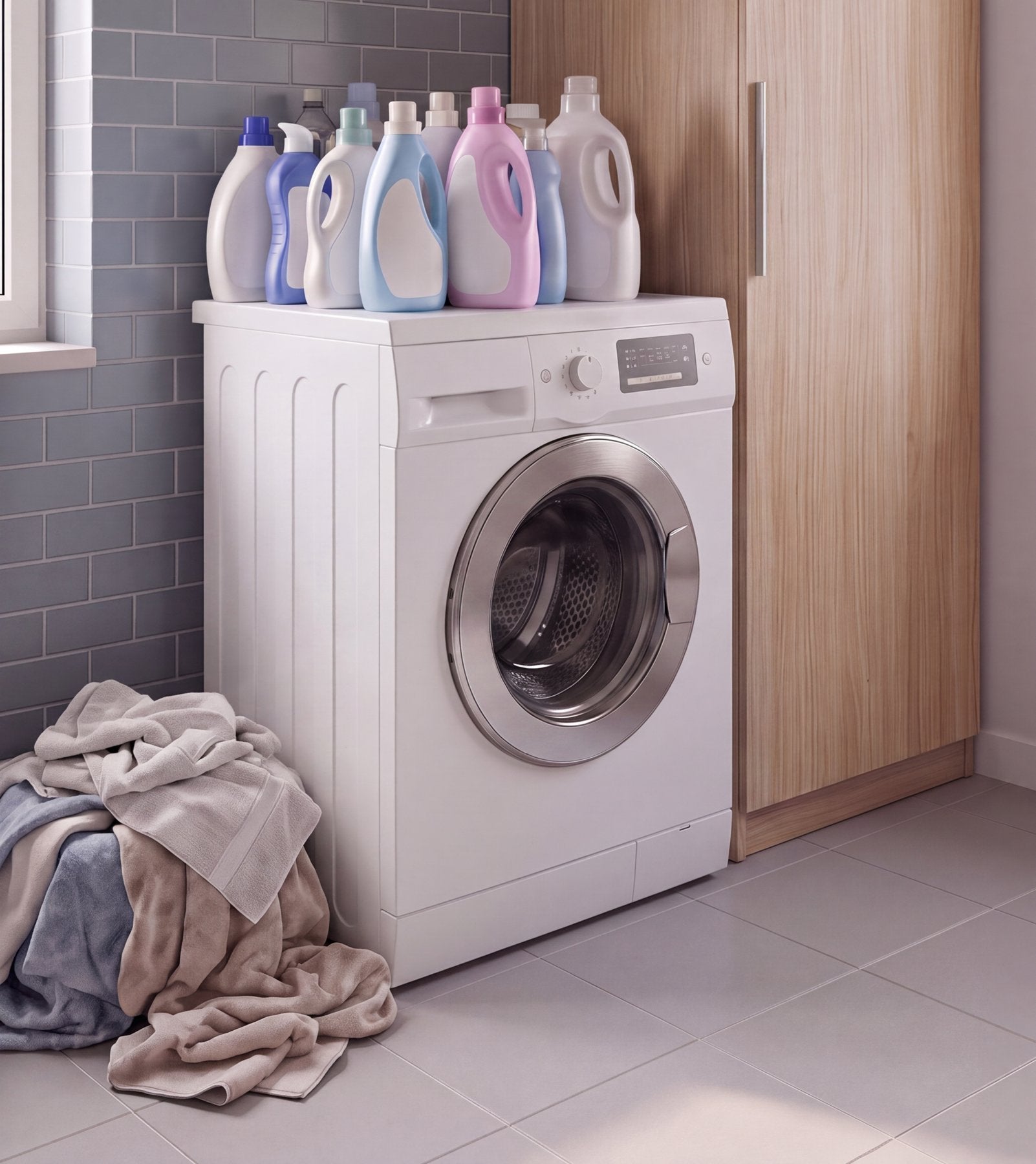 Waschmaschine ohne Untergestell - Waschmittel und Wäsche ohne Platz