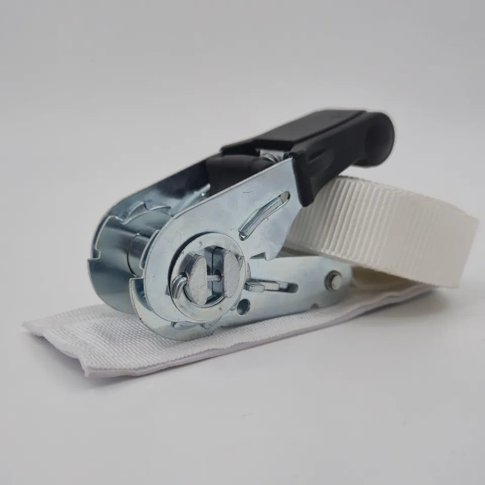 RELLES tension strap with metal ratchet and rolled-up white webbing
