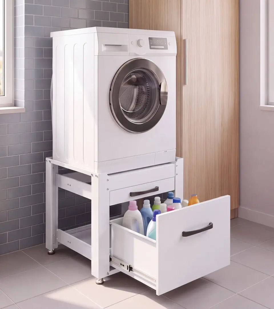 Waschmaschine auf RELLES Untergestell, Waschmittel in der Schublade verstaut